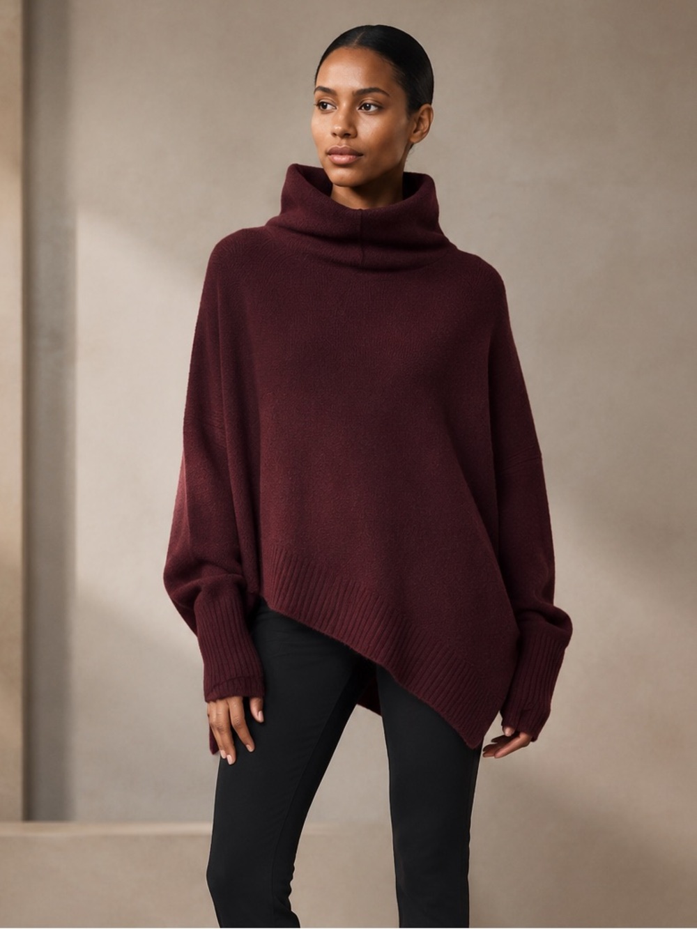 All Saints Burgundy Asymmetric Hem Turtleneck Sweater